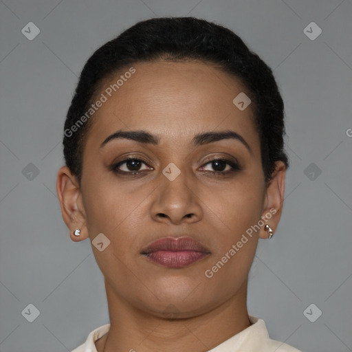 Joyful latino young-adult female with short  brown hair and brown eyes