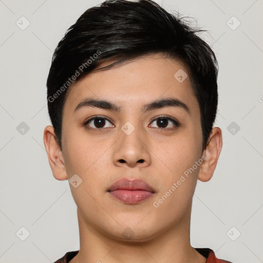 Neutral white young-adult female with short  brown hair and brown eyes