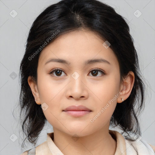 Neutral asian young-adult female with medium  brown hair and brown eyes