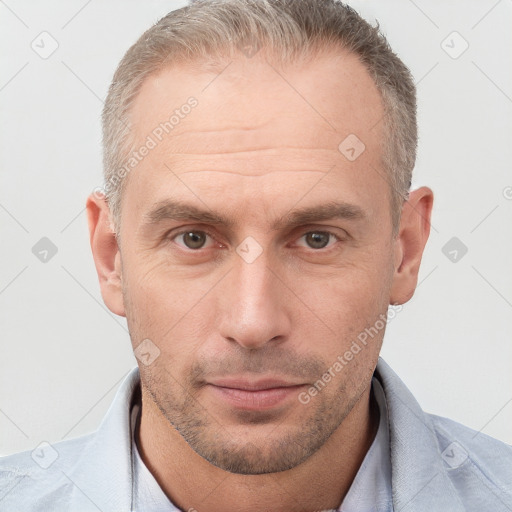 Neutral white adult male with short  brown hair and brown eyes