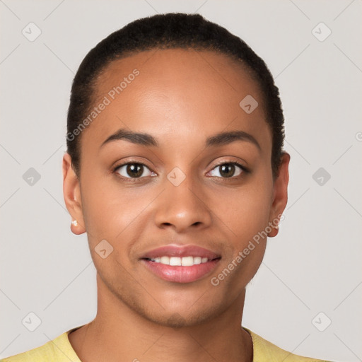 Joyful latino young-adult female with short  brown hair and brown eyes