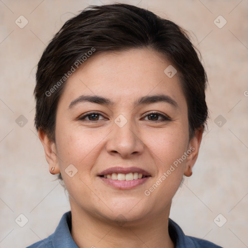 Joyful white young-adult female with short  brown hair and brown eyes