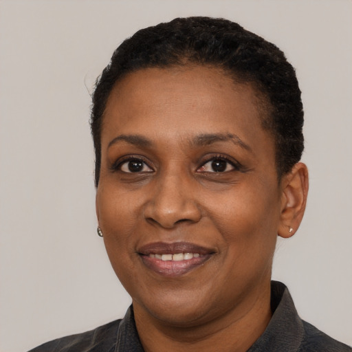 Joyful black adult female with short  black hair and brown eyes