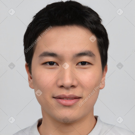 Neutral asian young-adult male with short  black hair and brown eyes