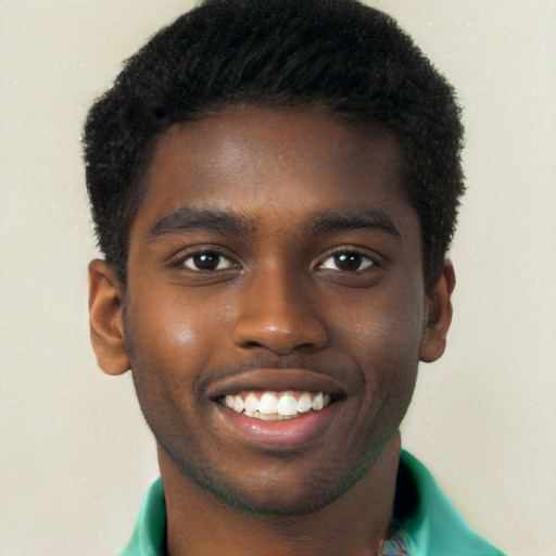 Joyful black young-adult male with short  brown hair and brown eyes