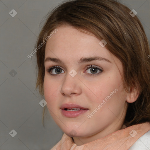 Joyful white young-adult female with medium  brown hair and blue eyes