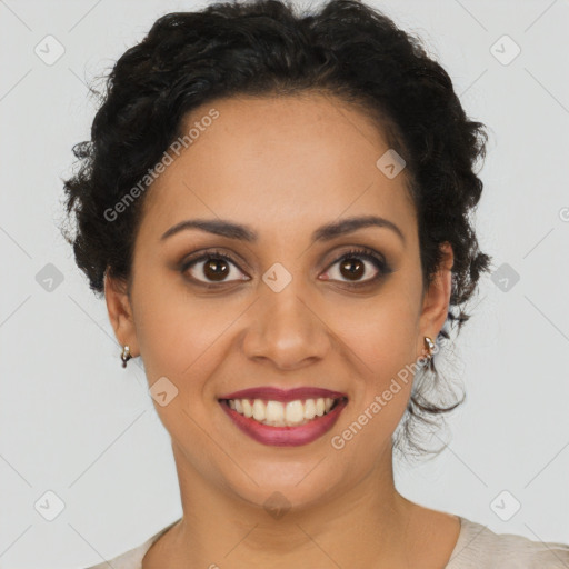 Joyful latino young-adult female with short  brown hair and brown eyes