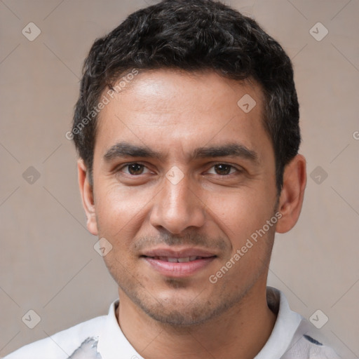 Joyful white young-adult male with short  black hair and brown eyes