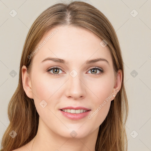 Joyful white young-adult female with long  brown hair and grey eyes