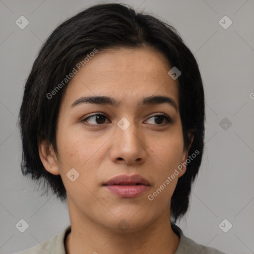 Neutral asian young-adult female with medium  brown hair and brown eyes