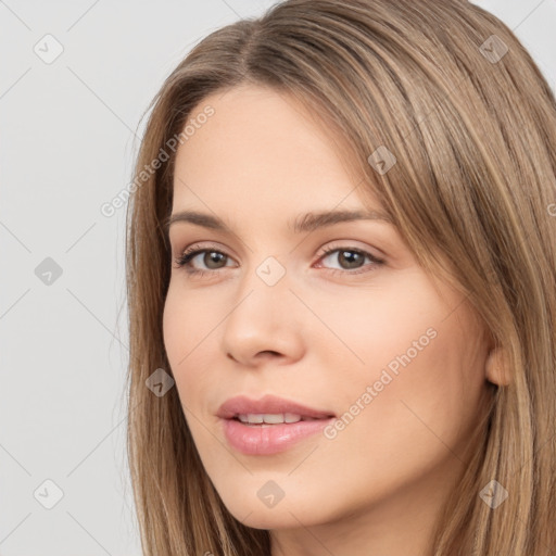 Neutral white young-adult female with long  brown hair and brown eyes