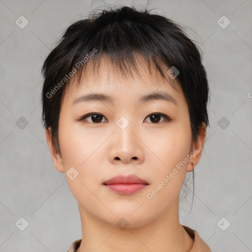 Neutral asian young-adult female with short  brown hair and brown eyes