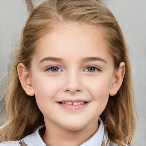 Joyful white child female with medium  brown hair and grey eyes