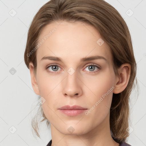 Neutral white young-adult female with medium  brown hair and grey eyes