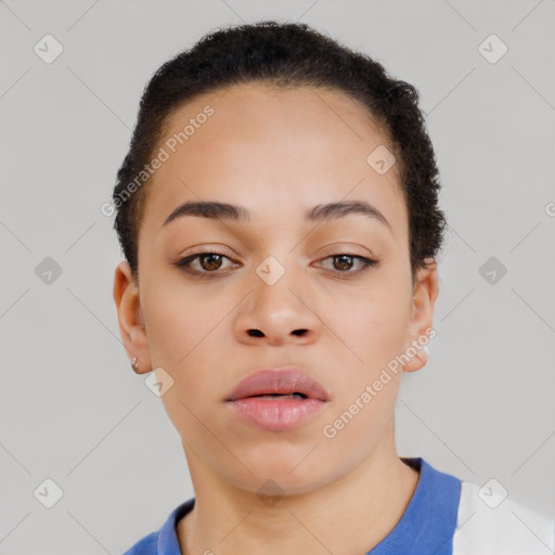 Neutral black young-adult female with short  brown hair and brown eyes