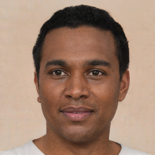Neutral black young-adult male with short  black hair and brown eyes