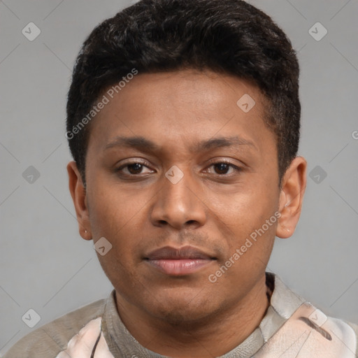 Neutral latino young-adult male with short  brown hair and brown eyes