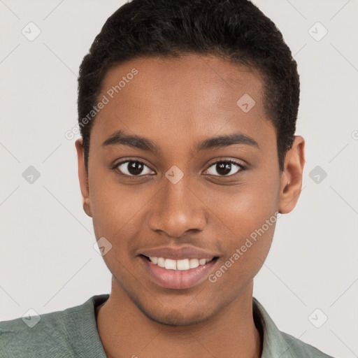 Joyful black young-adult female with short  brown hair and brown eyes