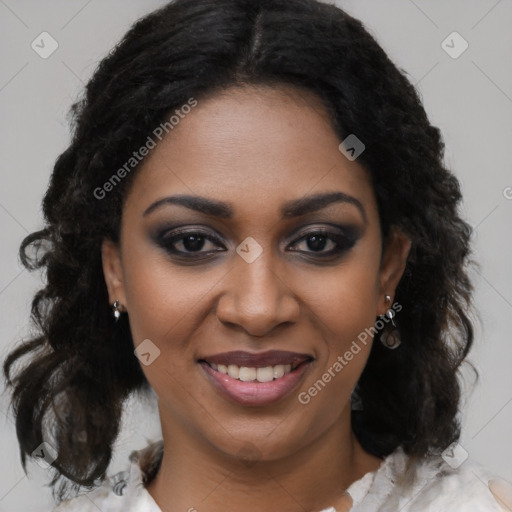 Joyful black young-adult female with medium  brown hair and brown eyes