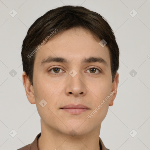 Neutral white young-adult male with short  brown hair and brown eyes