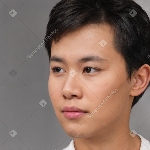 Neutral asian young-adult male with short  black hair and brown eyes