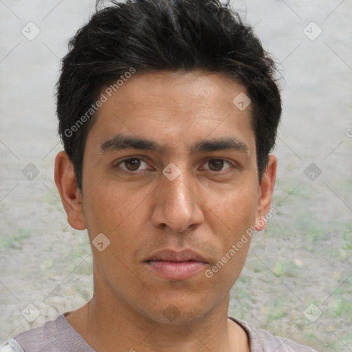 Neutral asian young-adult male with short  brown hair and brown eyes