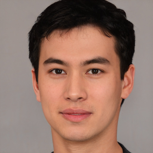 Neutral asian young-adult male with short  brown hair and brown eyes