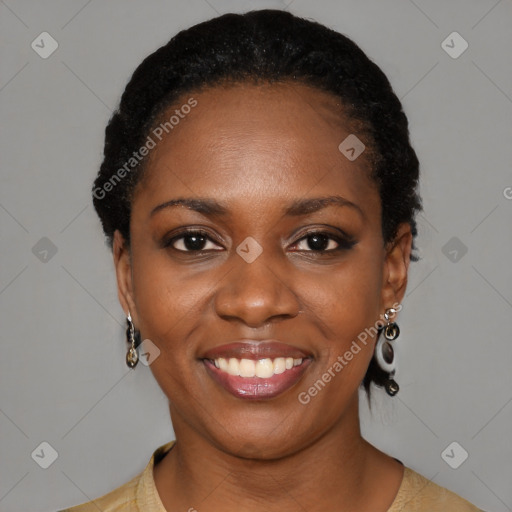 Joyful black young-adult female with medium  black hair and brown eyes