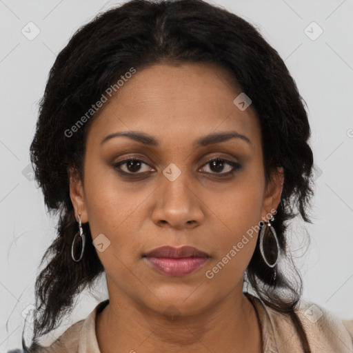 Joyful black young-adult female with medium  brown hair and brown eyes