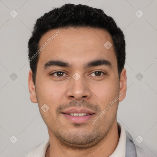 Neutral white young-adult male with short  black hair and brown eyes