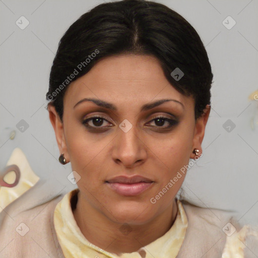 Joyful latino young-adult female with short  brown hair and brown eyes