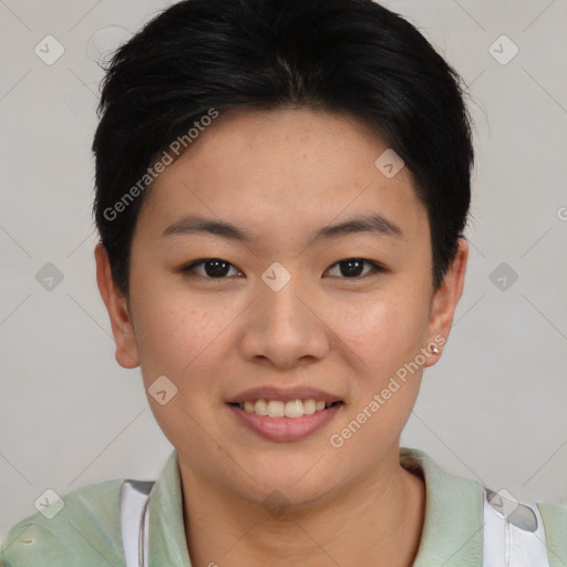 Joyful asian young-adult female with short  brown hair and brown eyes