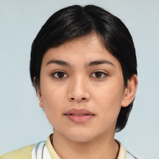 Neutral asian young-adult female with medium  black hair and brown eyes