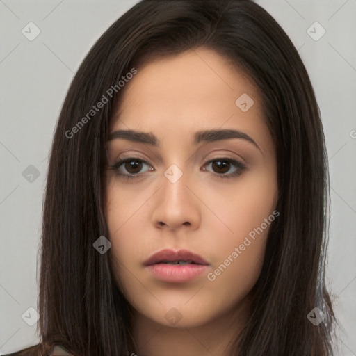 Neutral white young-adult female with long  brown hair and brown eyes