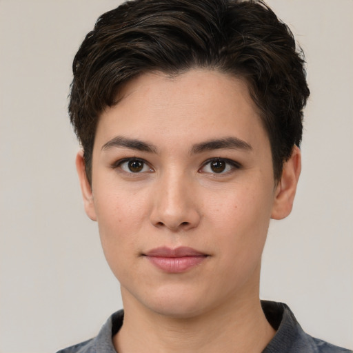 Neutral white young-adult female with short  brown hair and brown eyes