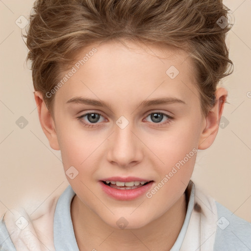 Joyful white child female with short  brown hair and brown eyes