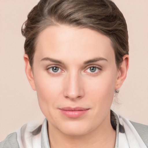 Neutral white young-adult female with short  brown hair and brown eyes