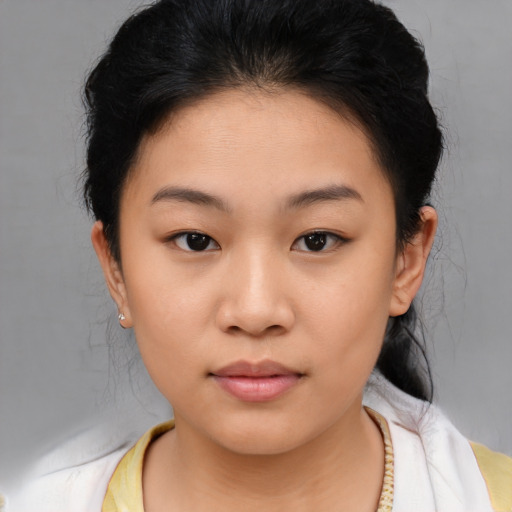 Neutral asian young-adult female with medium  brown hair and brown eyes
