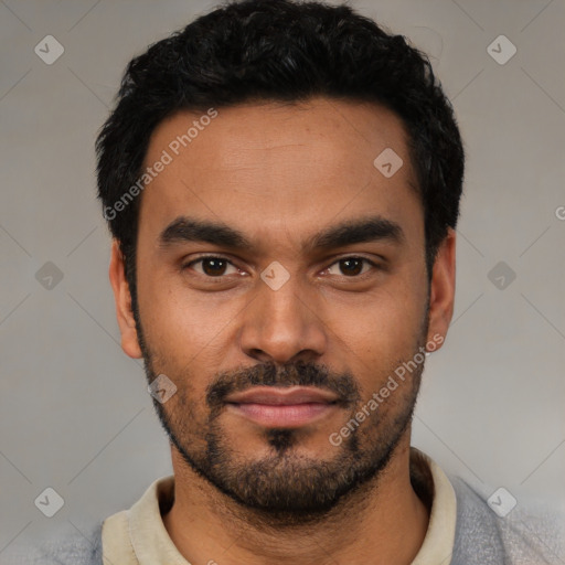Neutral latino young-adult male with short  black hair and brown eyes