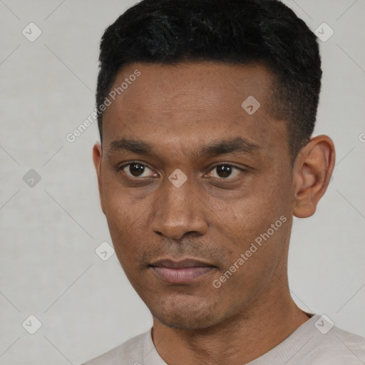 Neutral black young-adult male with short  black hair and brown eyes