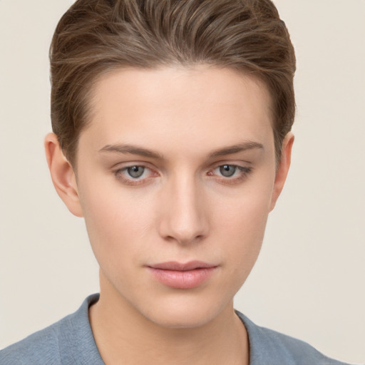 Neutral white young-adult female with short  brown hair and brown eyes