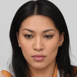 Neutral asian young-adult female with long  brown hair and brown eyes