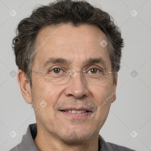 Joyful white middle-aged male with short  brown hair and brown eyes