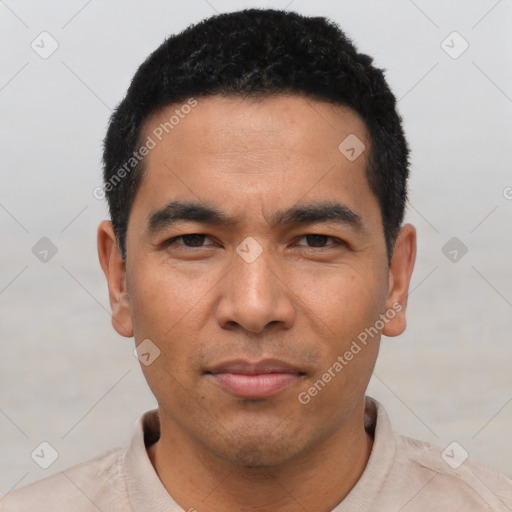 Neutral asian young-adult male with short  black hair and brown eyes