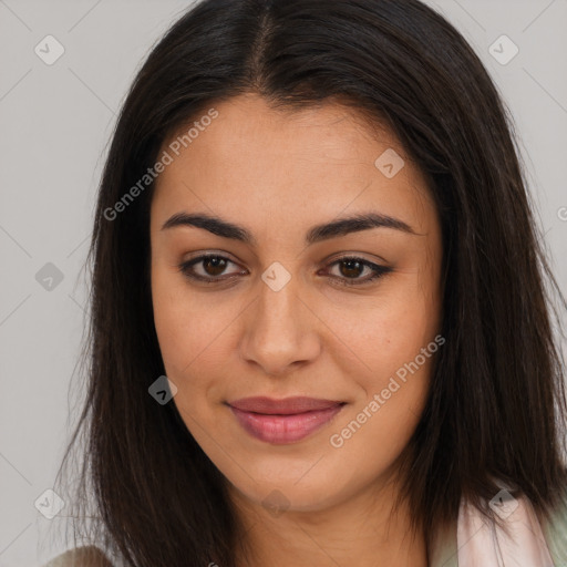 Joyful asian young-adult female with long  brown hair and brown eyes