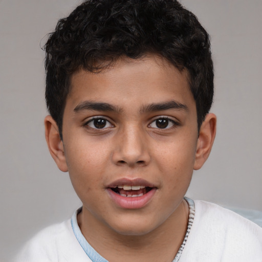 Joyful latino young-adult male with short  brown hair and brown eyes