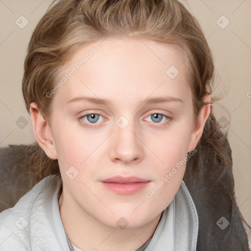 Joyful white child female with medium  brown hair and blue eyes