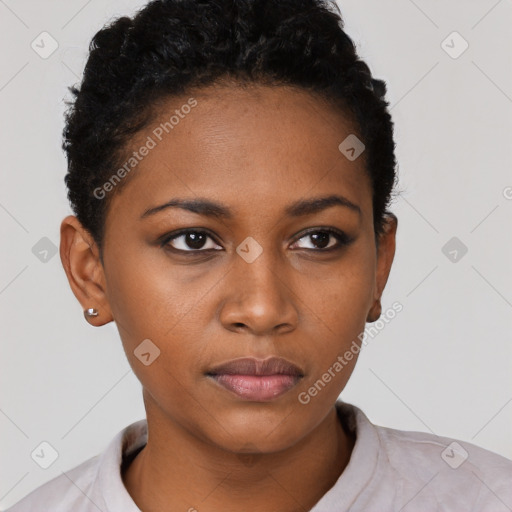 Neutral black young-adult female with short  black hair and brown eyes