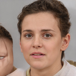 Neutral white young-adult female with short  brown hair and brown eyes