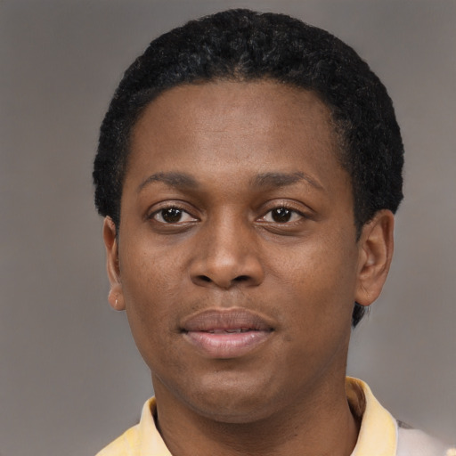 Neutral black young-adult male with short  black hair and brown eyes